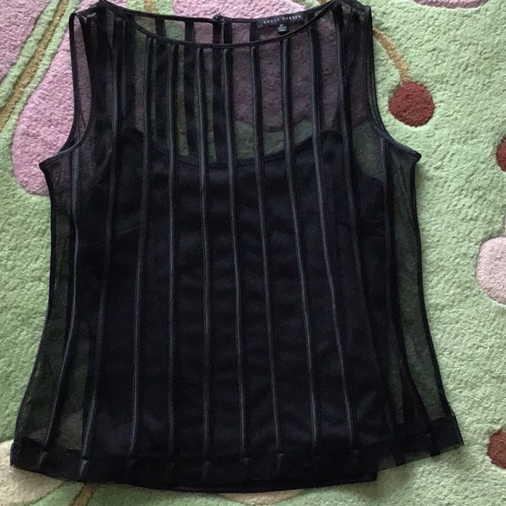 Elegant Sandra Darren black top with sheer panels divided by satin stripes